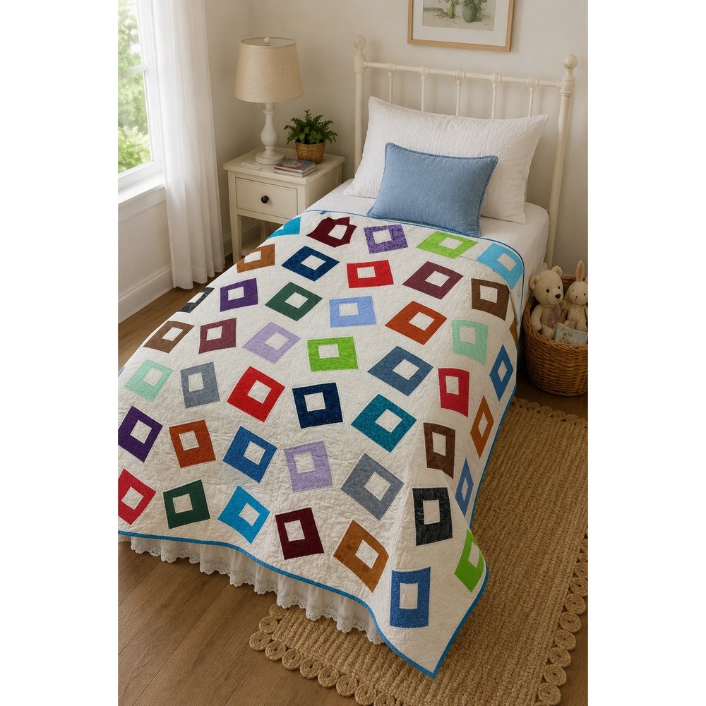 Handmade Patchwork Quilt 68x60 Colorful Geometric Twin Throw Topper Cottagecore